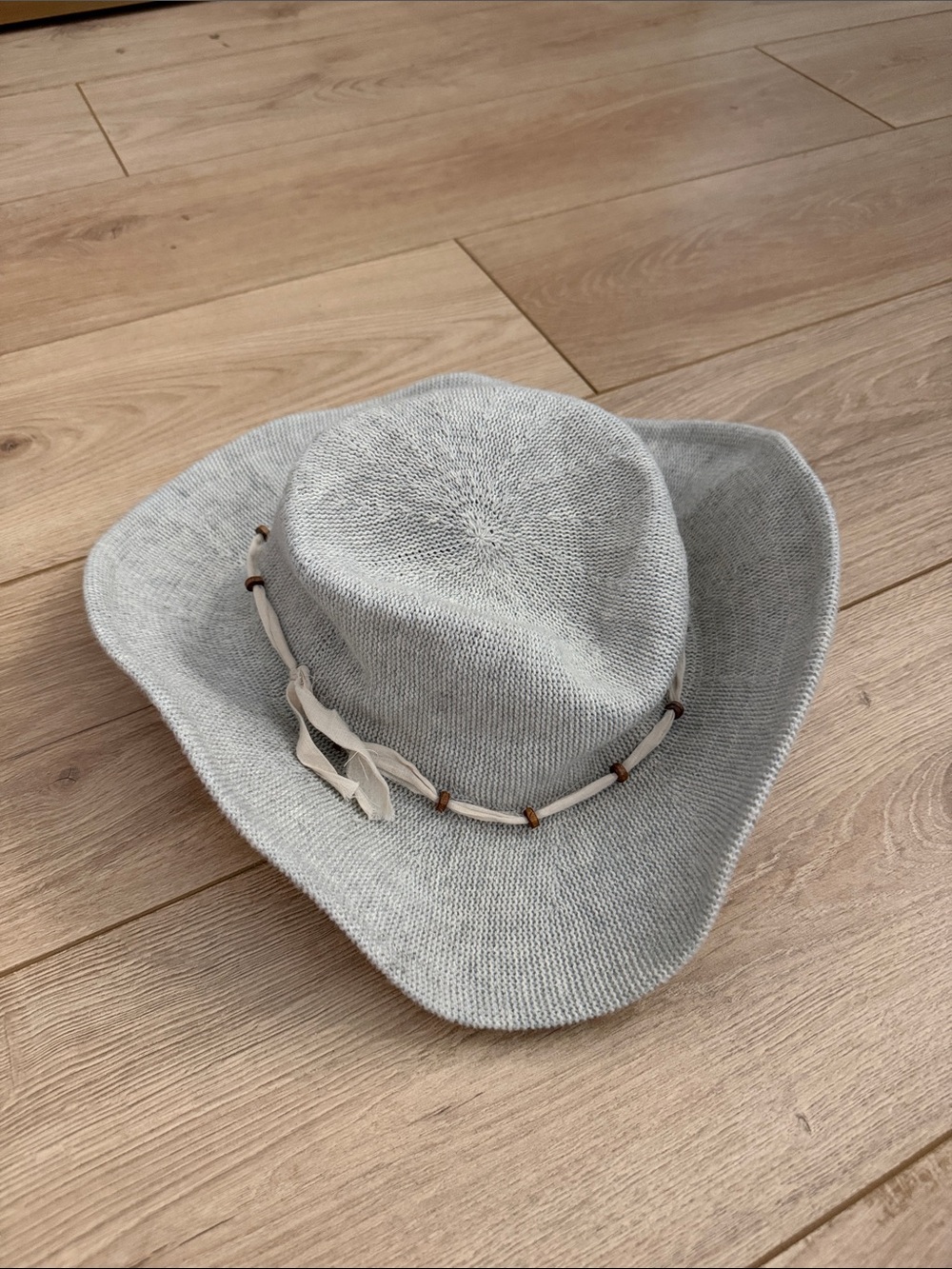 Wyeth Light Gray Wide Brim Hat with Beaded Band and Ribbon Tie